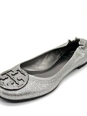 Tory Burch Reva Metallic Pebbled Leather Ballerina Ballet Flat Shoes